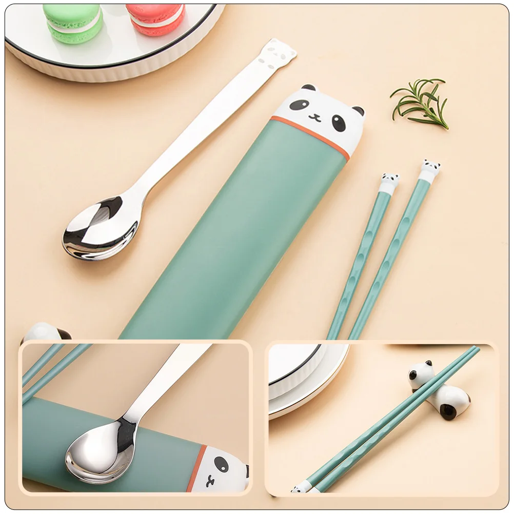 

3 pcs Adorable Panda Stainless Steel Tableware Set Cutlery Spoon Chopsticks Portable Easy Carry Storage Box High