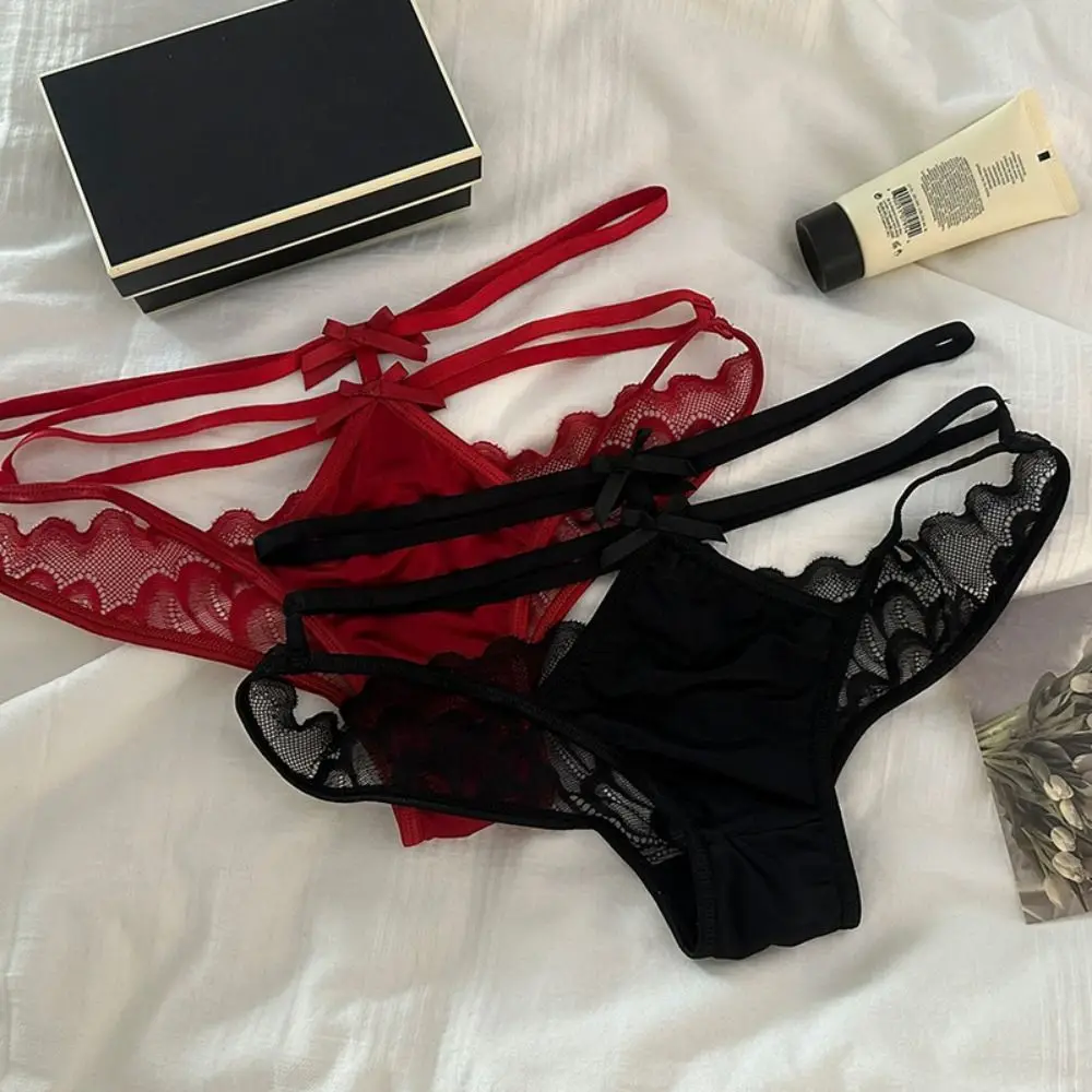 Light Luxury Hollowed-out Women's Underwear Mid Waist Lingerie Lace Bow Panties Satin Silk Thin Strap Mesh Briefs Honeymoon
