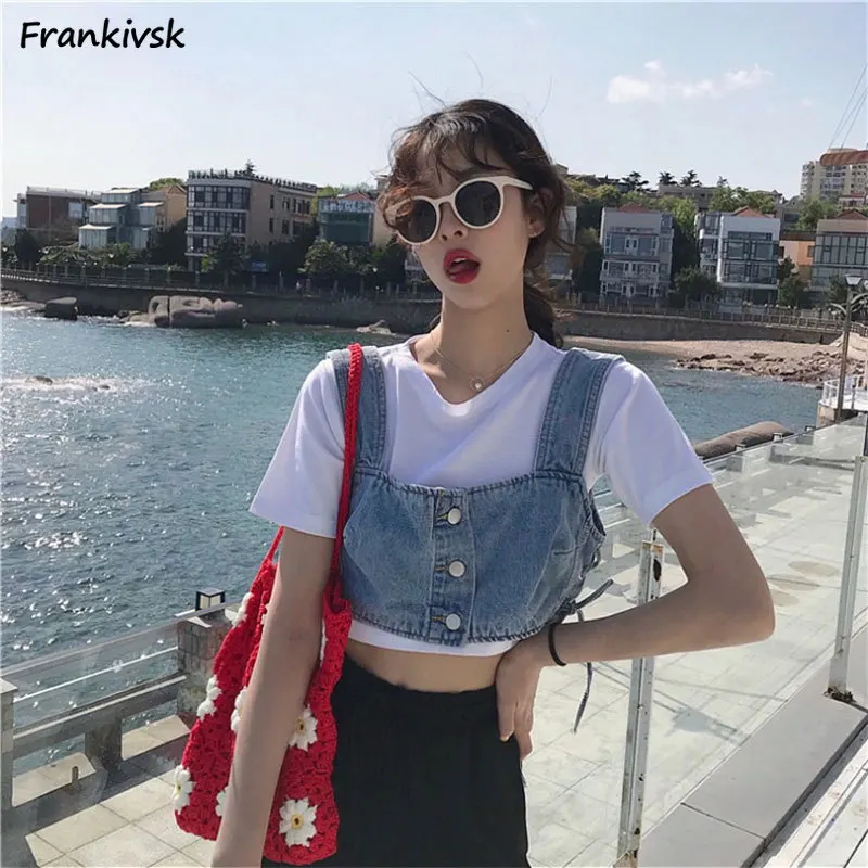 Denim Vests Women Hotsweet American Style High Street Hip Hop Cropped Bandage Leisure Stylish Spring Summer Simple All-match