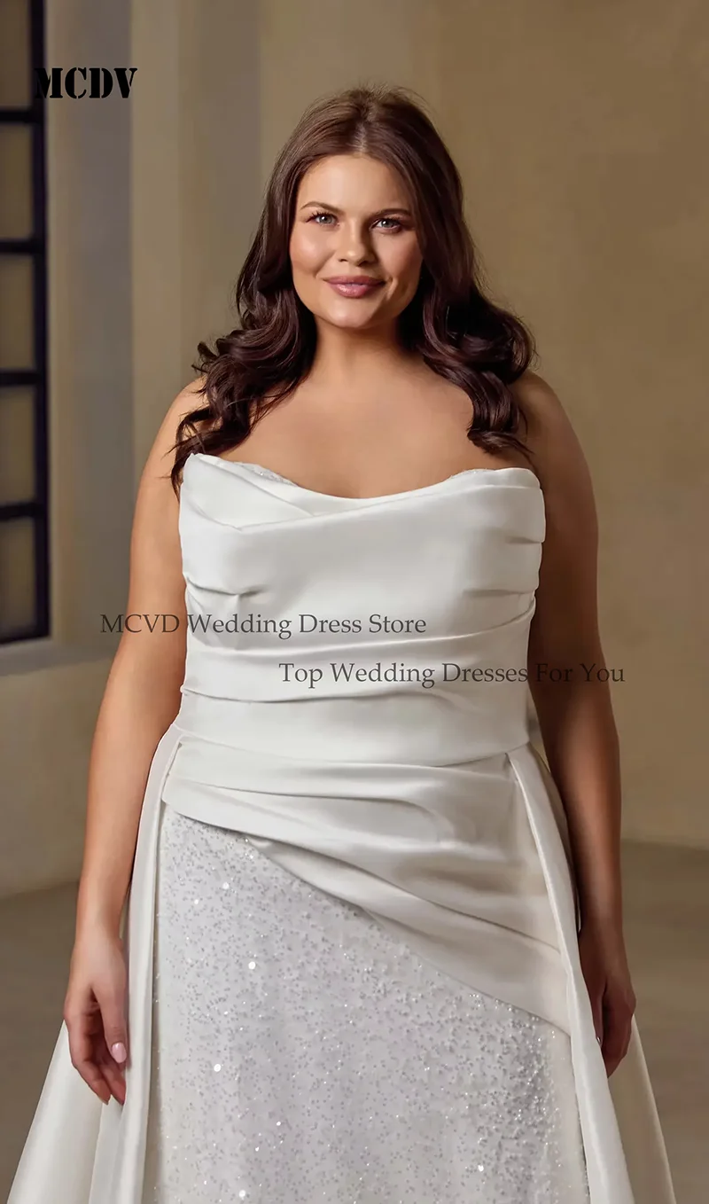 MCDV فستان زفاف ساحر بدون أكمام حورية البحر مقاس كبير للنساء بدون حمالات مطرز من التل فستان زفاف قابل للانفصال حسب الطلب