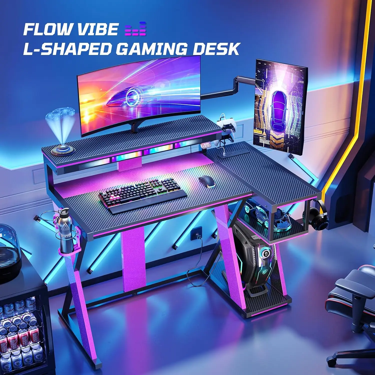 Gaming Desk LED Light Monitor Stand PS5 Storage Cup Holder Headset Hook Small Space 42 Inch, Customized
