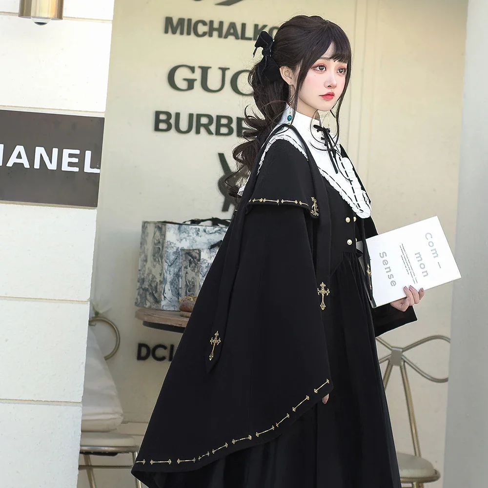 Winter Women's Lolita Cape Black Cloak Victorian Dress Woman Outerwear Ladies Coat Gothic Preppy Style for Girls