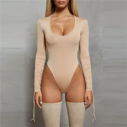 Sexy Bodysuit Off Shoulder Strappy  Perforated Hollow Tight Long Sleeve One Piece Body Top Women's Bodysuits Woman Clothing