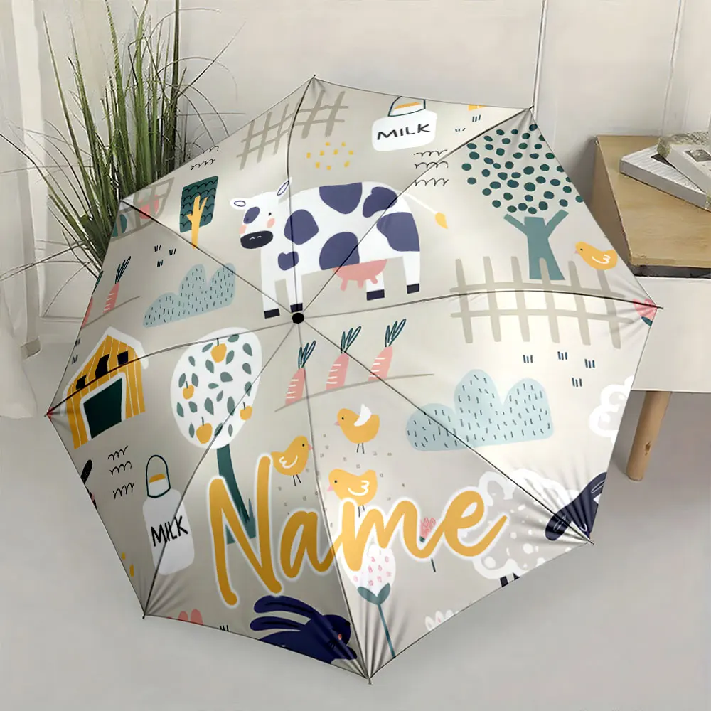 Custom Name Umbrella Farm-Themed Cute Umbrella Design Print 8 Iron Ribs Folding Umbrella Auto-Open Fashion Sunshade