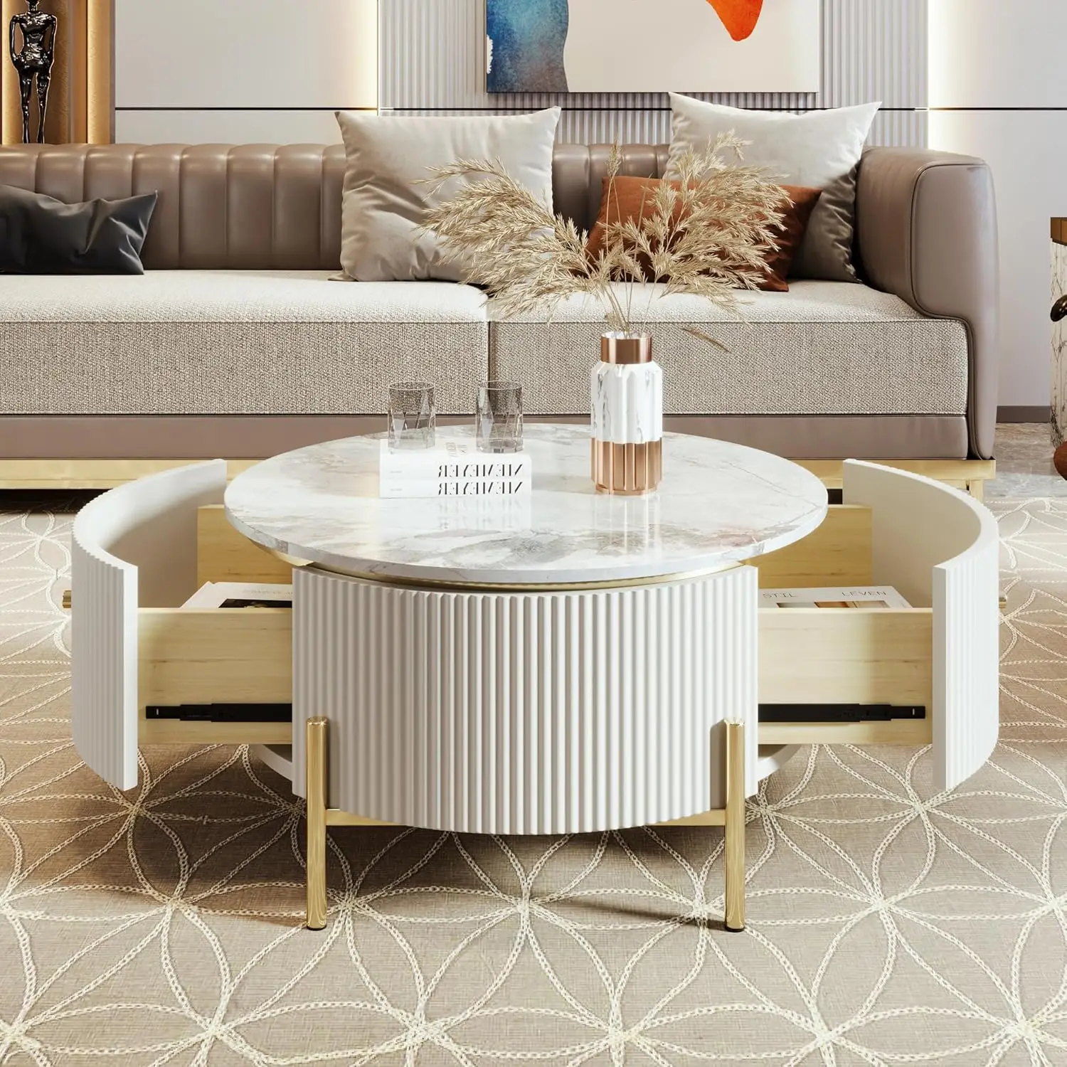 Modern Round Coffee Table With 2 Large Drawers Storage Accent Table(31.5'')