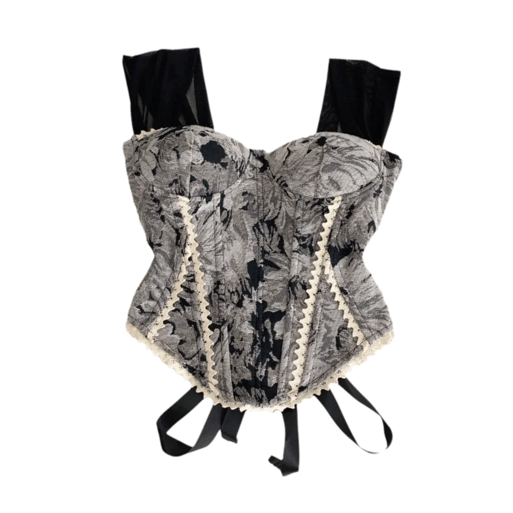 Vintage Chic Slim Fit Fishbone Corset Sleeveless Floral Print Women's Camisole Lace-up Back Crop Tops Beach Wear