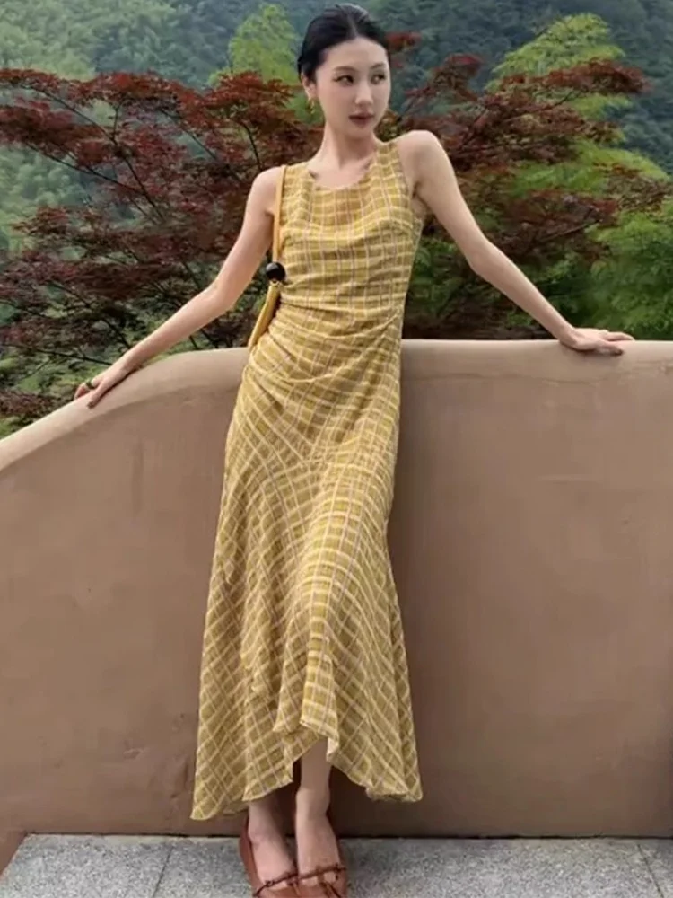

Rouje Kefss Vintage Plaid Sleeveless Vest Dress Summer Asymmetrical Waist Cinching Elegant Long Dress Women's Fashion