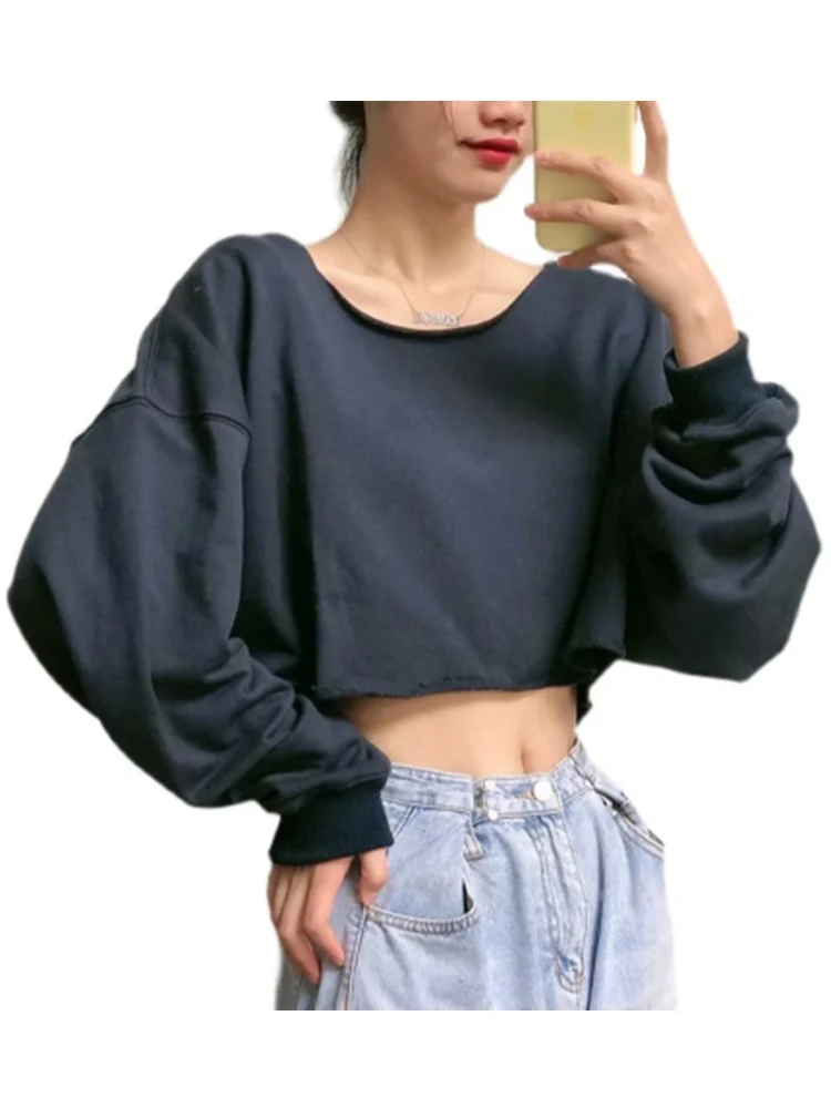 Casual Women Short Sweatshirts 2023 Fall Fashion Ladies O Neck Long Sleeves Solid Color Tops Female Chic Pullovers