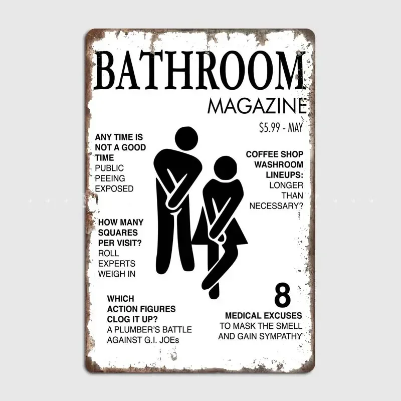 BATHROOM MAGAZINE Funny Vintage Metal Tin Sign with Whimsical Modern Art Design, Bathroom and Washroom Wall Decor