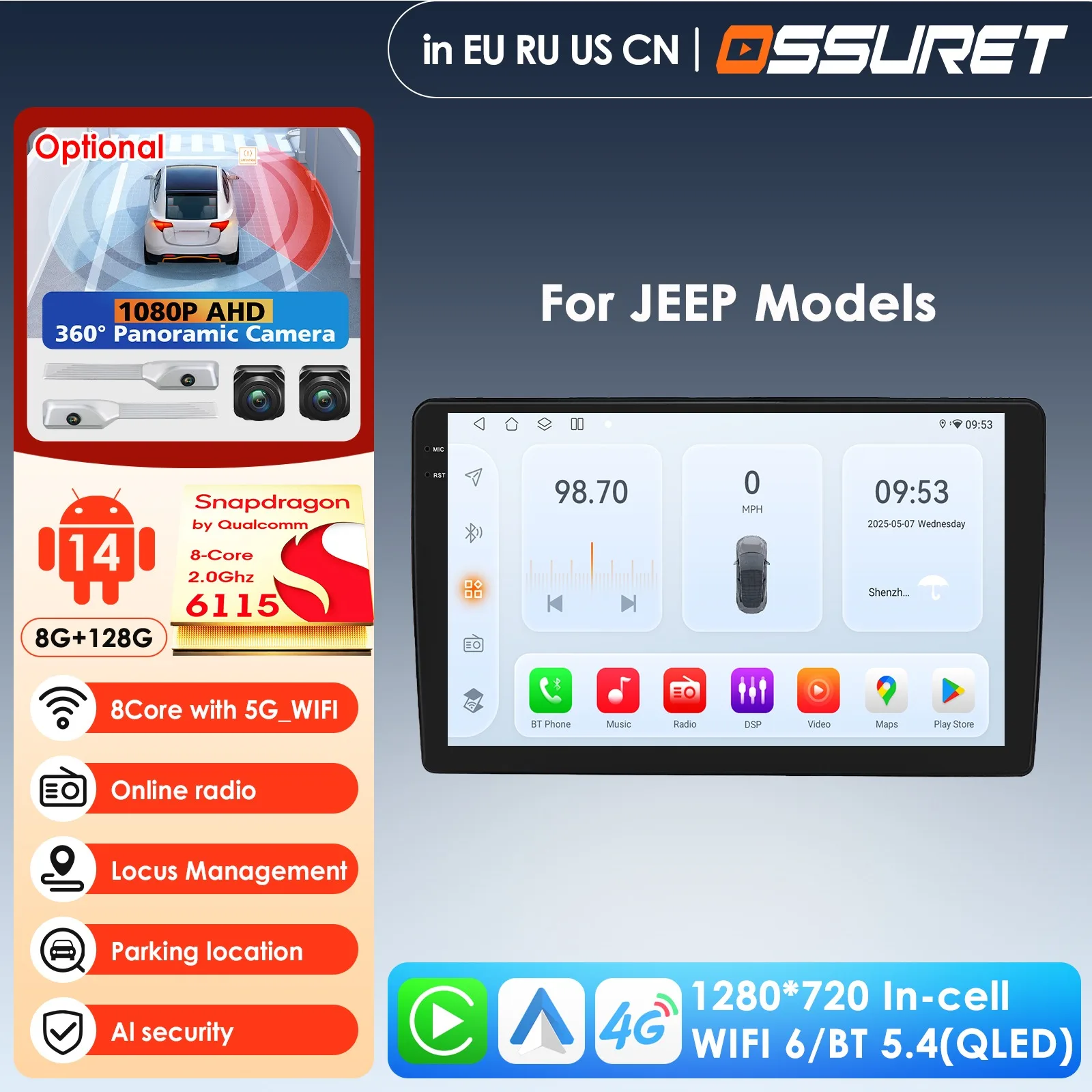 6115 System 4G LTE CarPlay Android for Jeep Wrangler Dodge Grand Cherokee Chrysler 300C Patriot Commander Caliber Challenger GPS