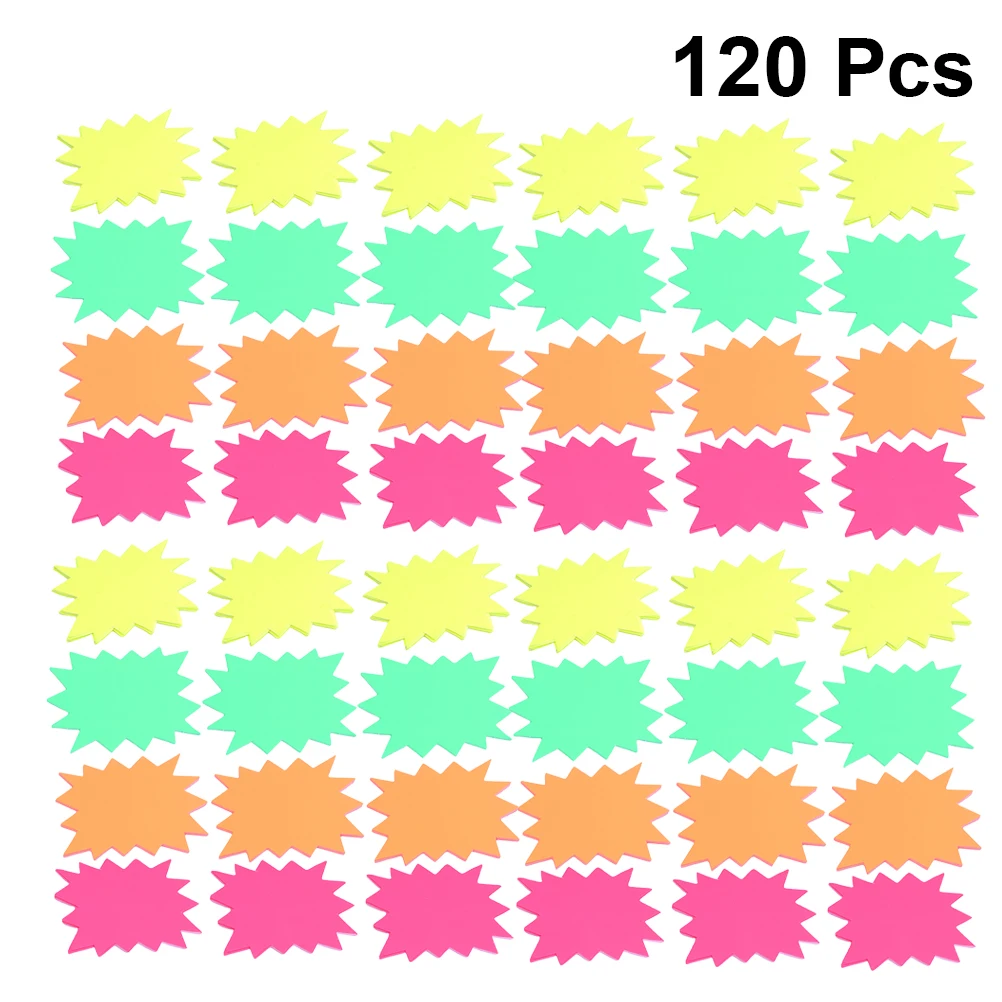 

Fluorescent Paper Price Tags 120 Pcs Explosion Shape Small Signs for Grocery Store Label for Goods Hanging