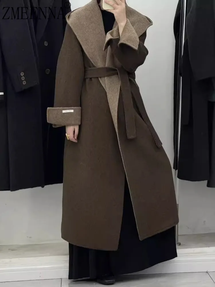 

ZMEENNA Women's Wool Blend Long Coat With Tie Belt Oversized Lapel Collar Warm Outerwear For Winter Casual Daily ZM3495