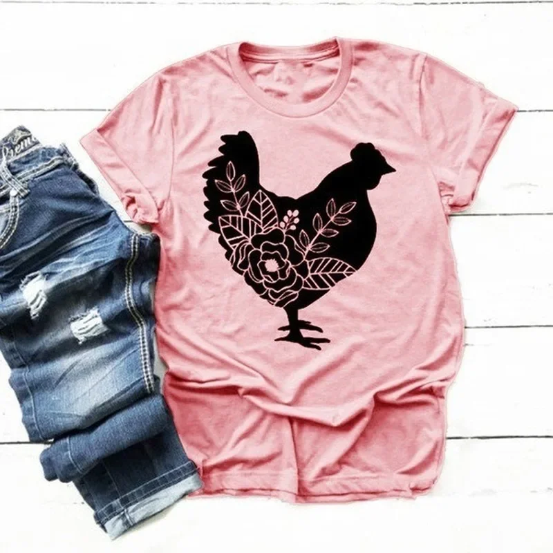 Hen Chicken Print T Shirt Women Short Sleeve O Neck Loose Tshirt Summer Women Tee Shirt Tops Camisetas Mujer