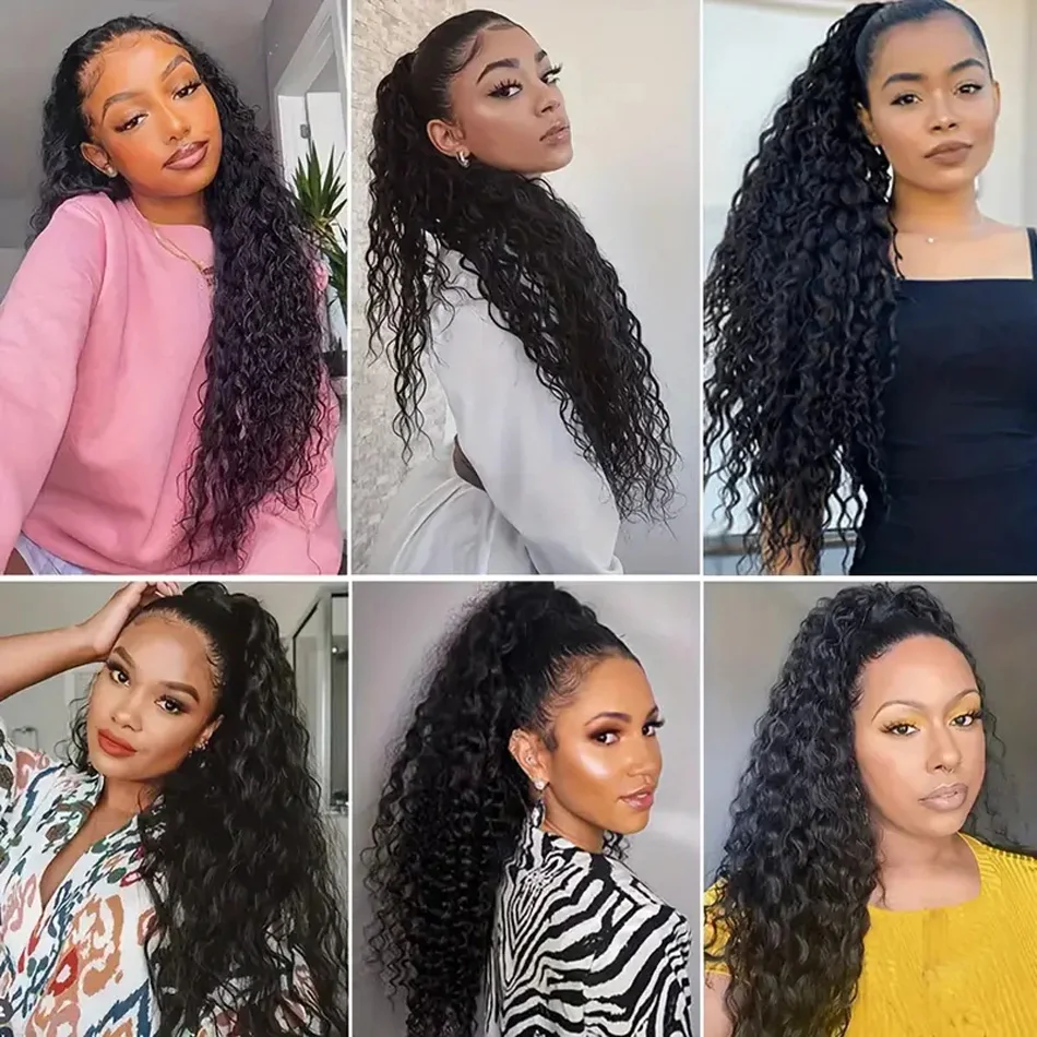 Clip per capelli umani Remy nelle estensioni della coda di cavallo dell'onda d'acqua Coda di cavallo per capelli umani arricciati da 8-26 pollici Avvolgere la coda di cavallo ondulata lunga naturale