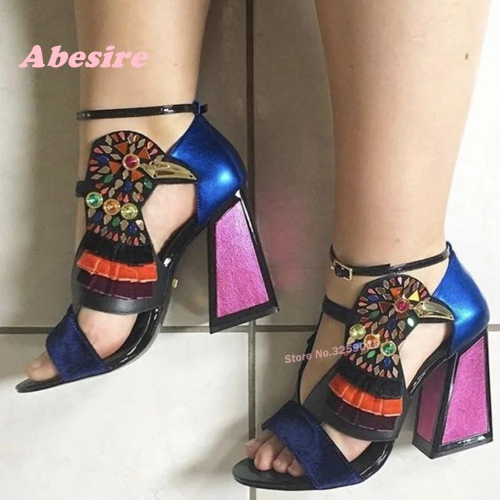 Colorful Rhinestones Chunky Heels Sandals Patchwork Open Toe Ankle Buckle Women\'s Sandals Leather Summer Luxury Party Shoes Sexy