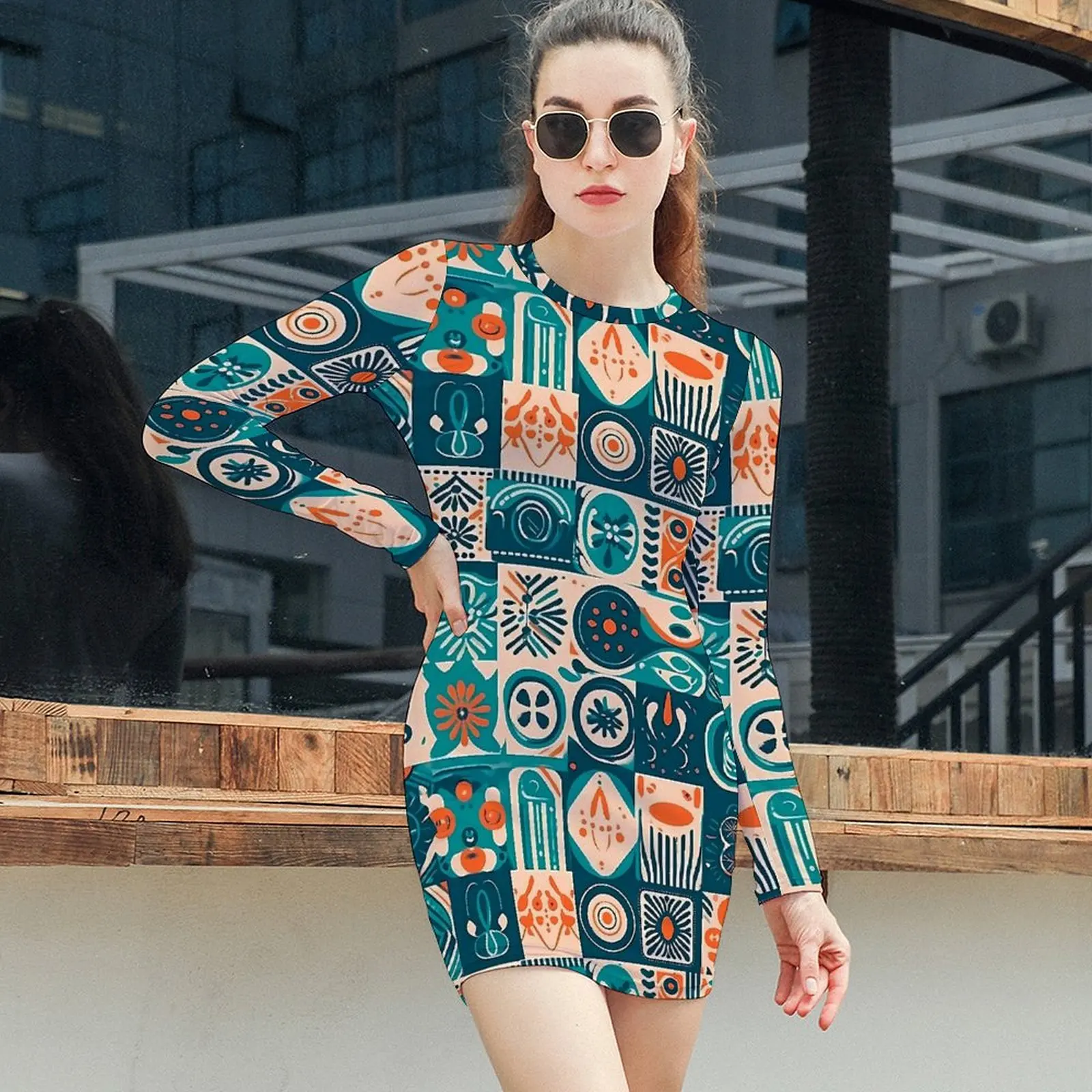 Ethnic Tribal Icon Bodycon Dress Female Patchwrok Print Kawaii Dresses Autumn Long Sleeve Streetwear Custom Dress Big Size