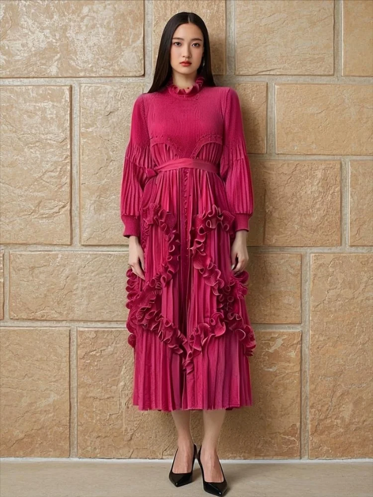 

Miyake Fold 2025 Autumn New Style Fold Standing Collar Nail Bead Mushroom Pattern High End Lantern Sleeve Dress for Women