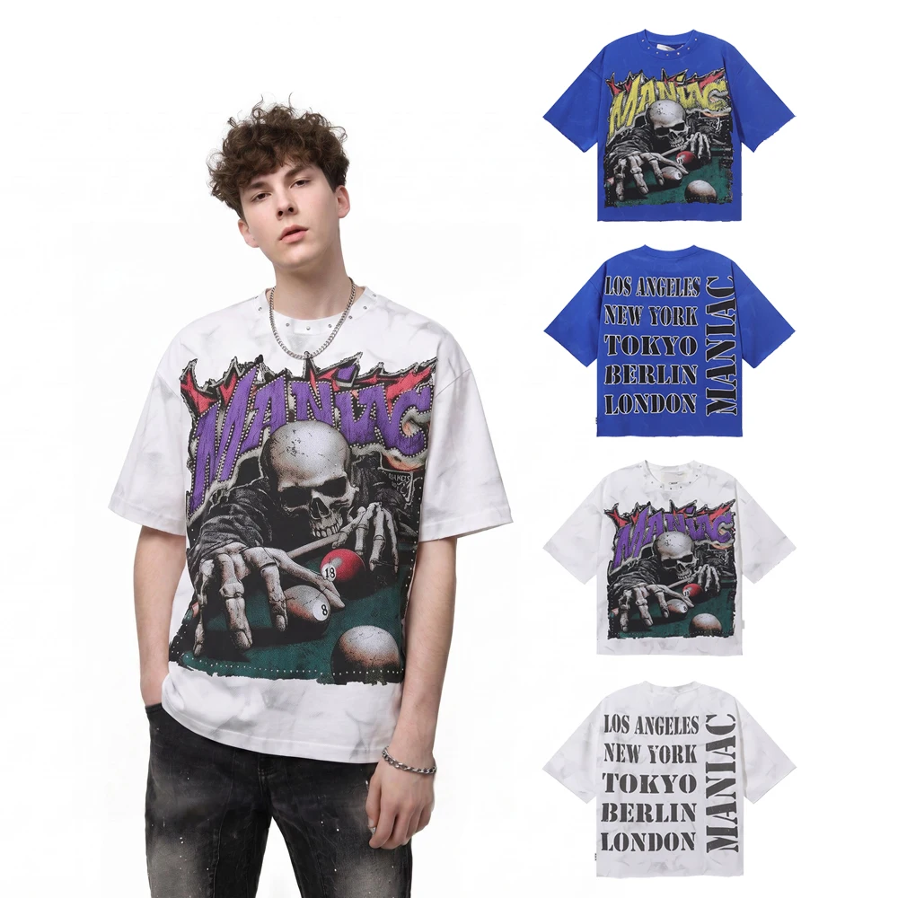 American Y2k Streetwear Skulls Art Graphic T Shirts Hiphop Street Style Terry Cotton Vintage Casual Man Clothe Short Sleeve Tees
