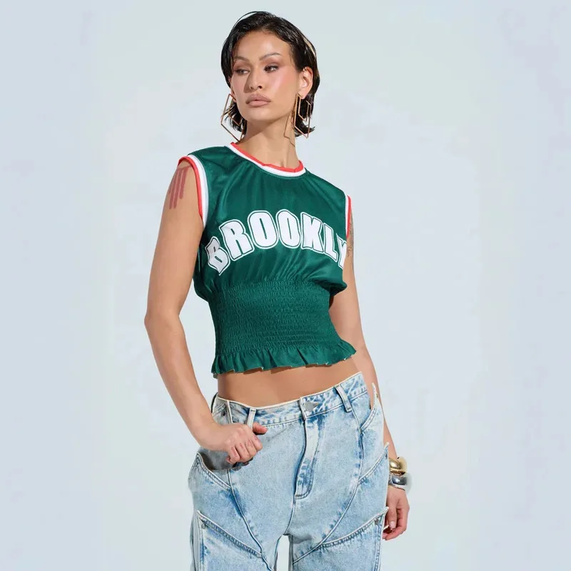 

American Style Mesh Slim Fit Sleeveless Jersey Round Neck Patchwork Hot Girl Top with Ruched Design Women's Clothing