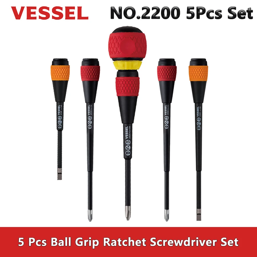 VESSEL 5 Pcs Ball Grip Ratchet Screwdriver Set Suitable for Phillips and Slotted Screws Hand Tools NO.2200 5Pcs Set