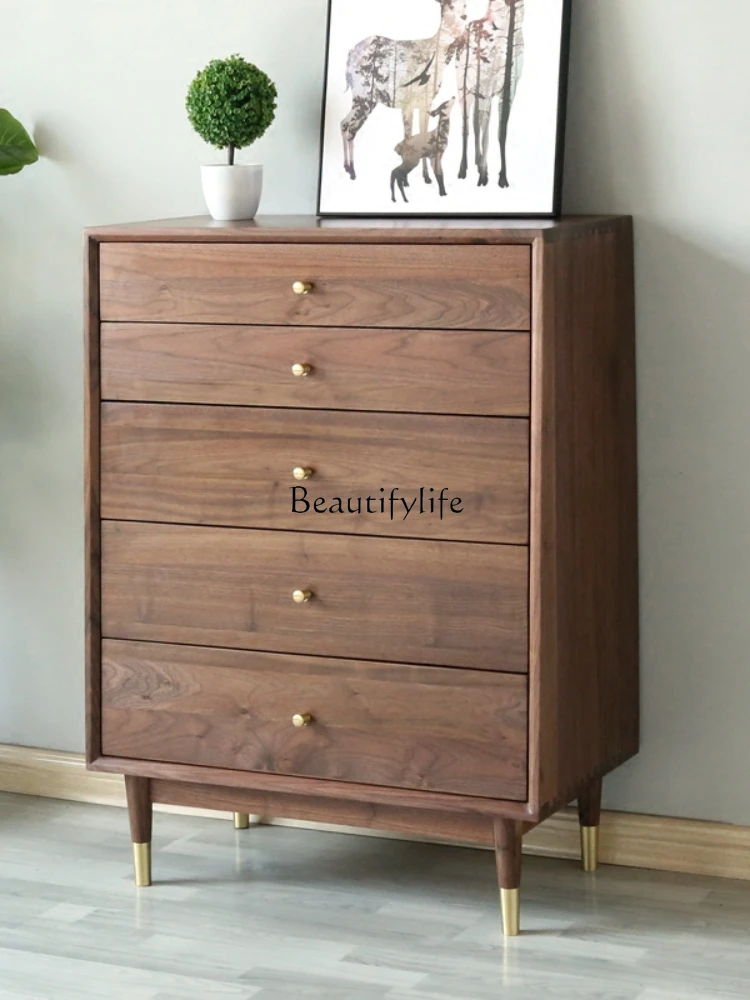 Chest of Drawers Full Solid Wood Drawer Locker Black Walnut Living Room Bedroom Five-Bucket Cabinet