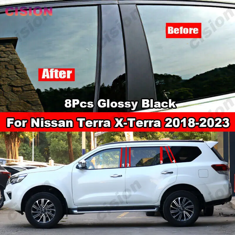 

Window Door Column B C Pillars Post PC Cover Trim For Nissan Terra XTerra D23 2018-2023 Glossy Black Carbon Fiber Mirror Effect