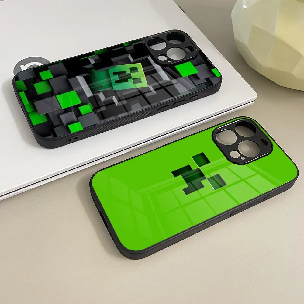 Capa de Celular Green Pixel Monster Creeper de Vidro Temperado para iPhone 16 17 13 14 12 15 11 Pro Max Plus Mini XR SE2020 Coque