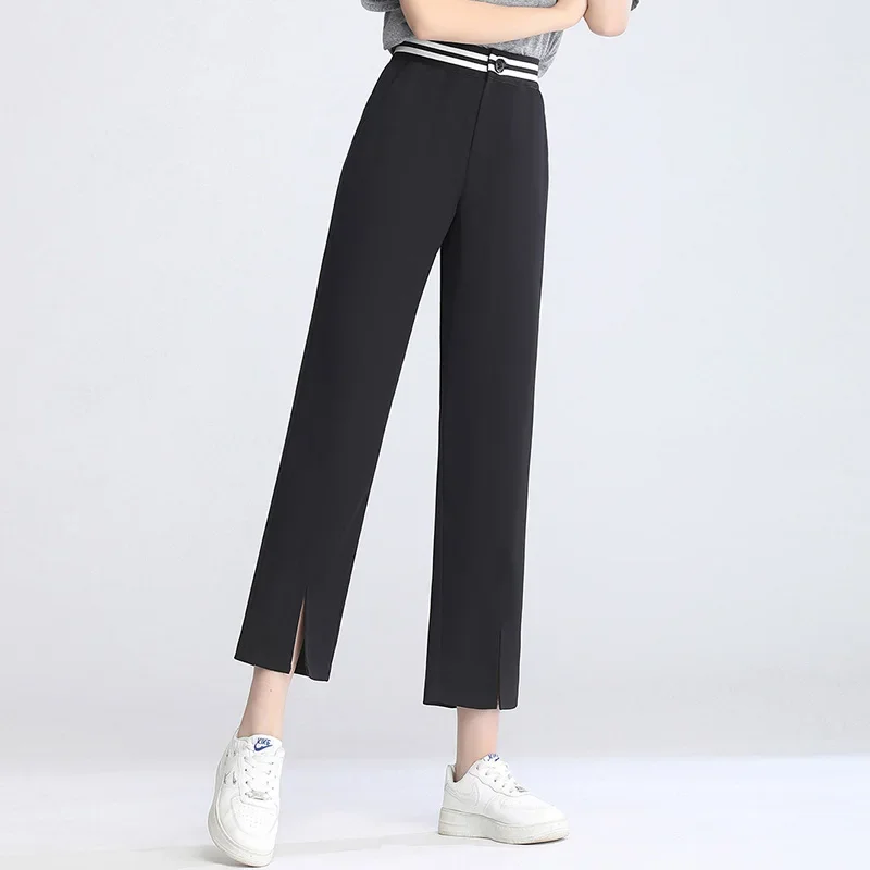 

harajuku summer high waist Women's wide leg Capris striped straight pants for women baggy split up suit pants woman trousers