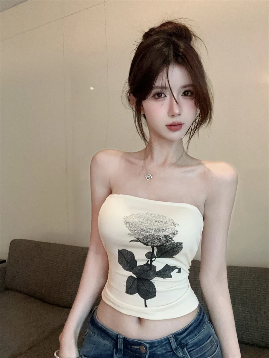 

Pure Desire Rose Print Strapless Crop Top Women's Summer Sexy Short Shirt Korean Style Slimming Outerwear for Trendy Girls