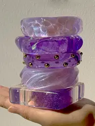 HUANQI Fashion Thick Geometric Rhinestone Splicing Purple Resin Cuff Bracelet for Women Girls Party Jewelry Gifts