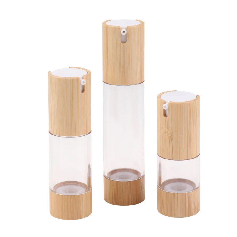 Garrafa vazia de bambu com bomba de vácuo sem ar, 15ml, 30ml, 50ml, para maquiagem, creme, soro, loção, cuidados com a pele, recipiente cosmético