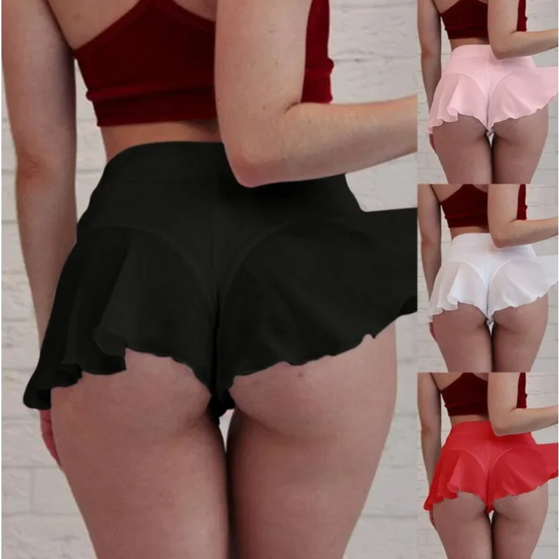 

Ladies Sexy Panties High Waisted Ruffle Sheer Mini Skirt with Lining Mini Skinny Bikini Pleated Gym Shorts Women Underwear New