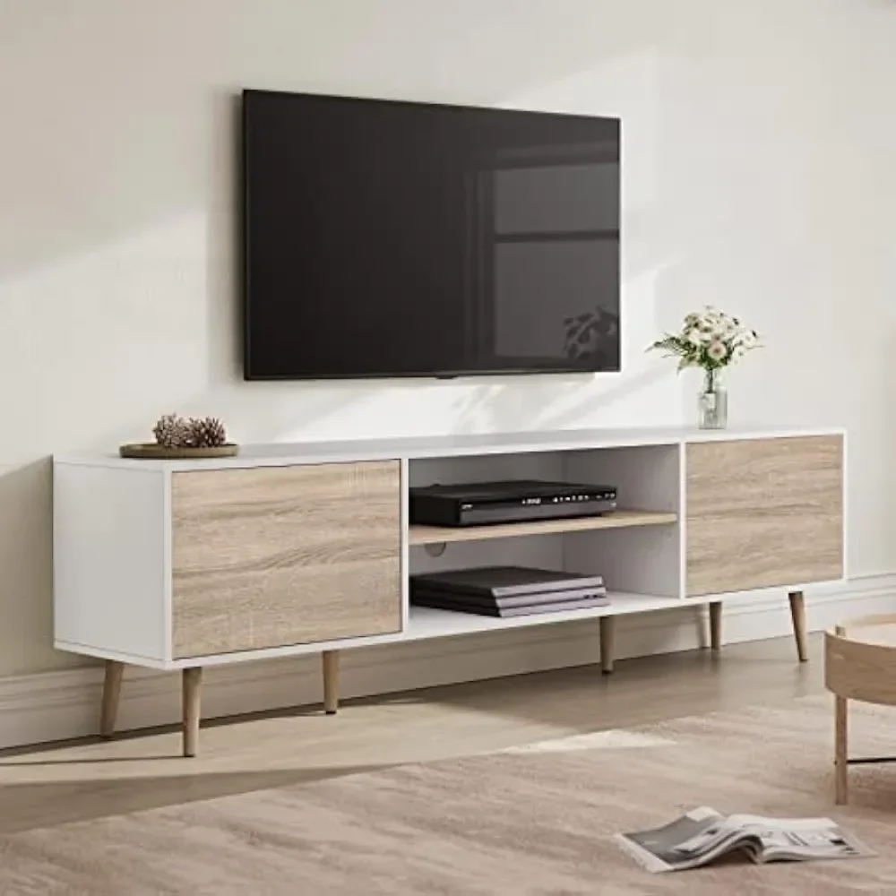 Soporte de TV moderno de mediados de siglo para televisores de hasta 75 pulgadas, consola de TV de madera, armario de medios con almacenamiento, blanco y roble