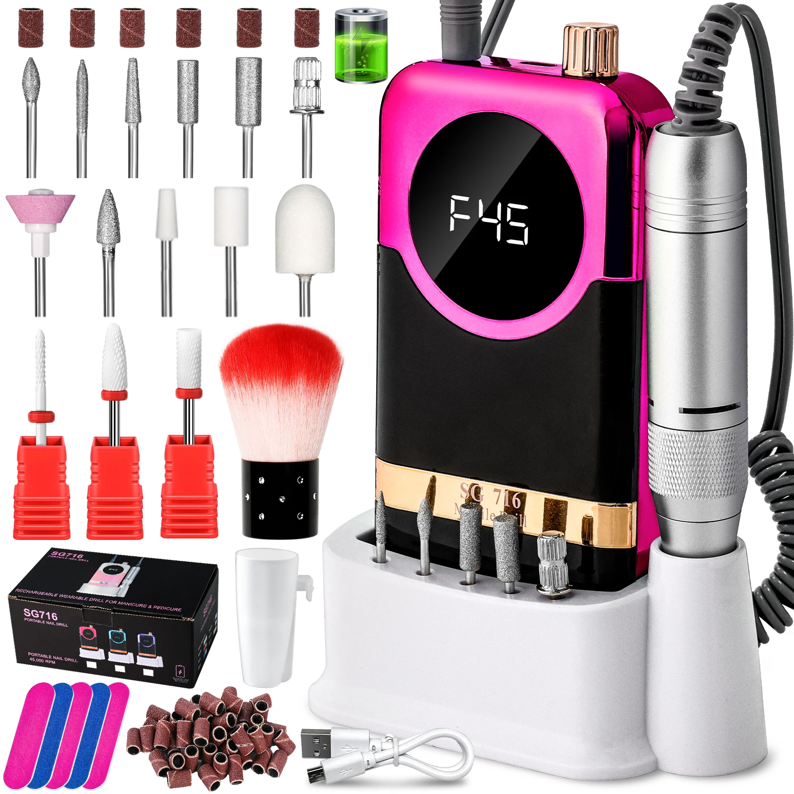 Professional Nail Drill Machine Kit Rechargeable 45000RPM Electric Nail Sander File for Manicure Gel Polish Remove Grinding