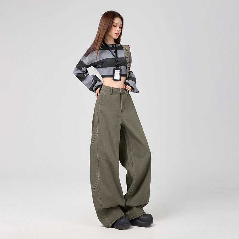 Vintage lichtbruine jeans voor dames 2026 hiphopstijl lente herfst nieuwe casual losse rechte pijpen gewassen wijde pijpen broek Y2K