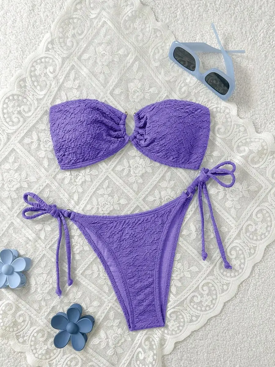 

Purple Lace Tube Top Bikini Set For Women Summer Beach Vacation