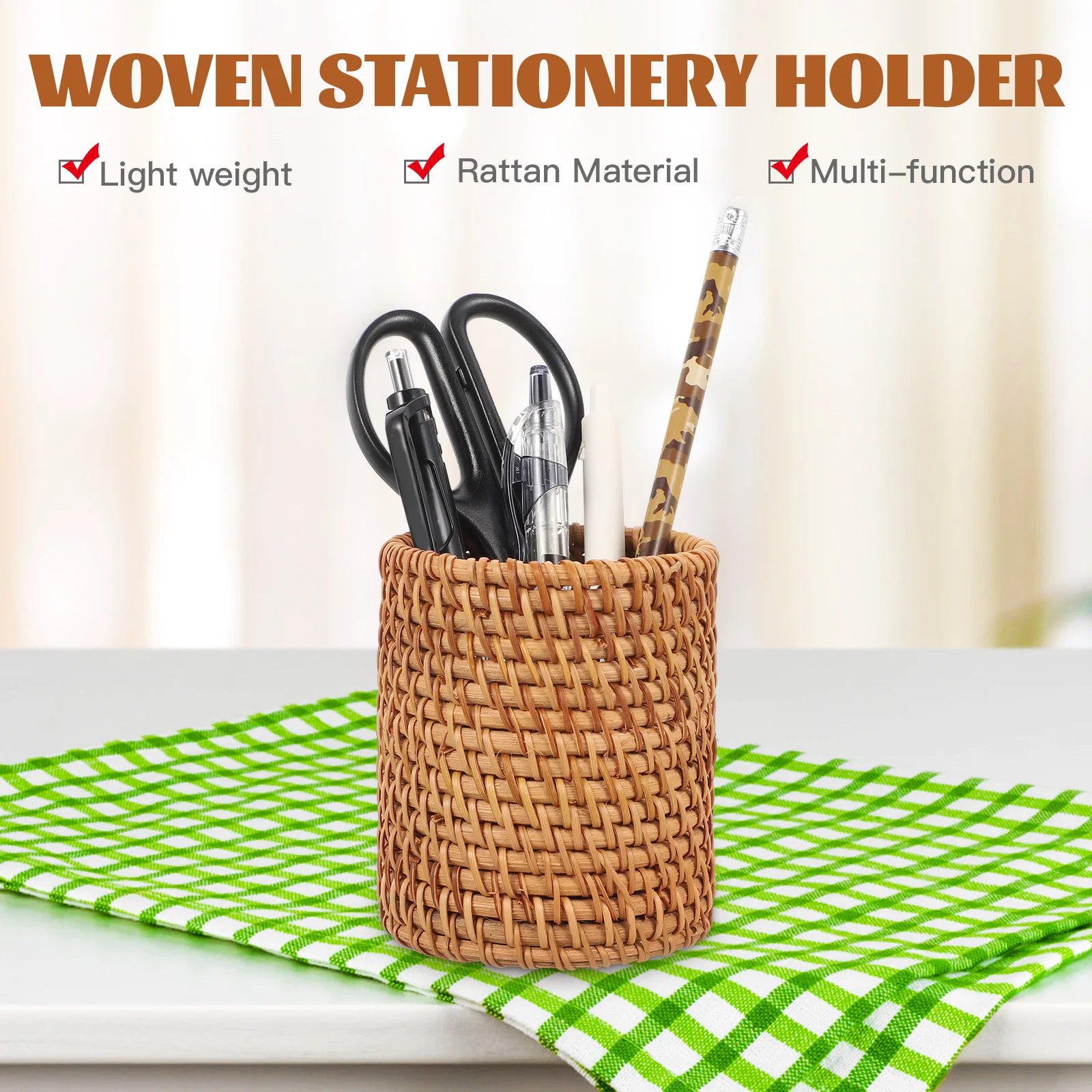 

Pastoral Style Pen Container Rattan Woven Holder for Pencils Makeup Brushes Desktop Stationery Storage Organizer