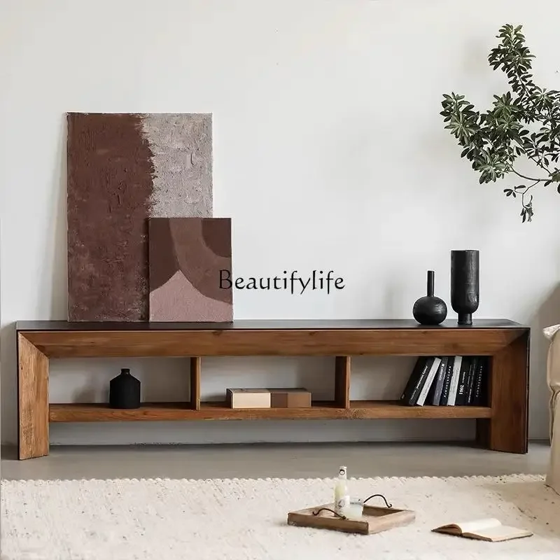 

ls 18Wabi Sansan black solid wood TV cabinet rectangular oak floor-to-ceiling log decorative cabinet