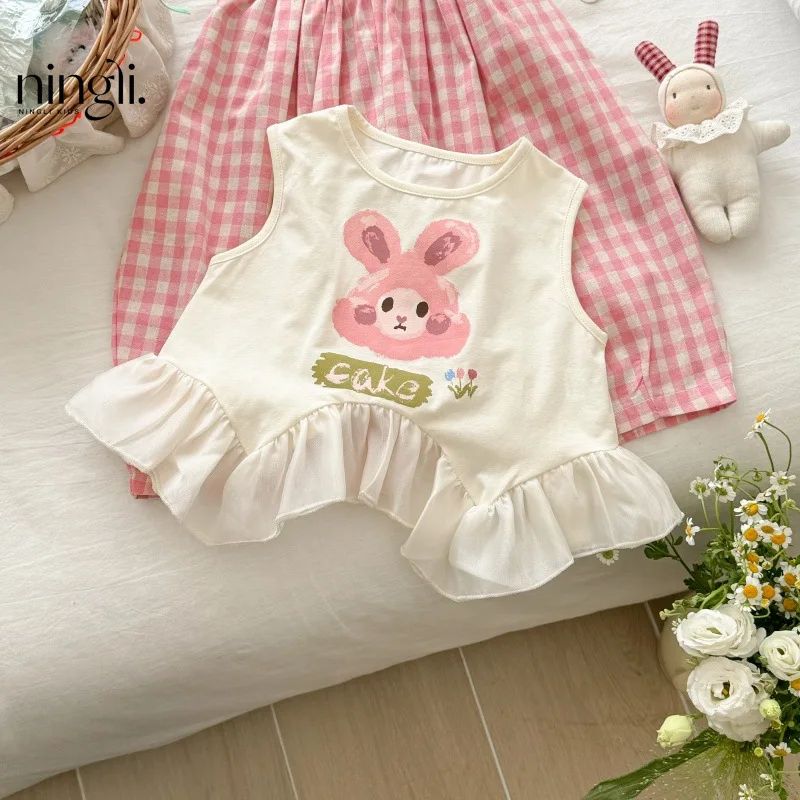 

Summer Girls' Vest Dress Lantern Pants Set Baby Girl Cartoon Top Red Plaid Pants Two-Piece Set Trendy