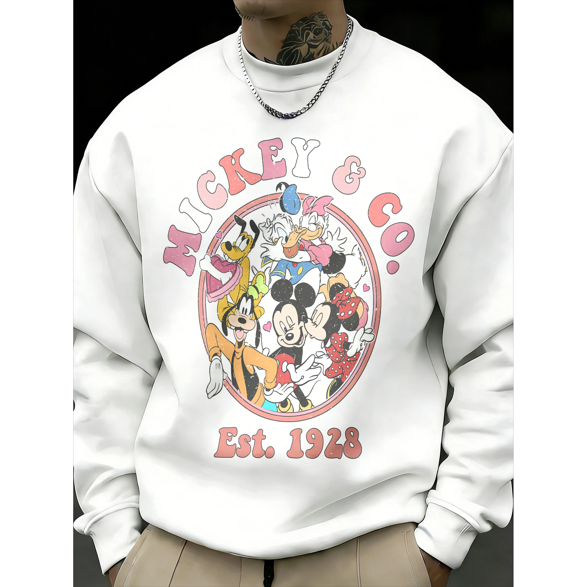 

Мужской свитер Disney Mickey 1928 с круглым вырезом, осенне-зимняя коллекция 2026, модный, с начесом, из хлопка, теплый, свободный, повседневный, в стиле куртки