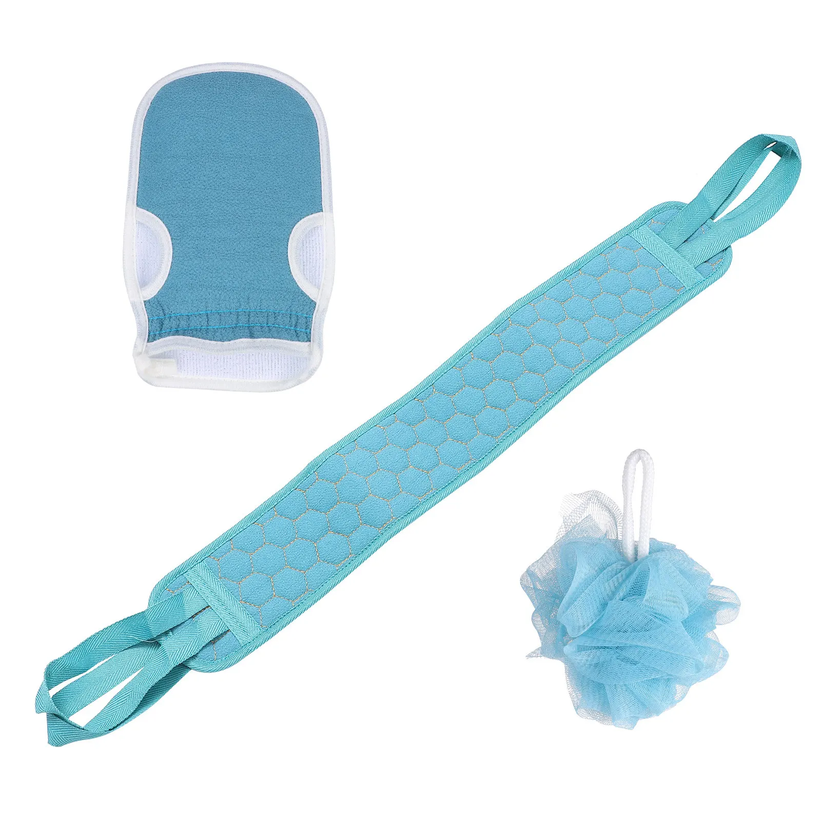 

3Pcs Bath Scrubber Set Long Back Towel Exfoliating Shower Gloves Deep Clean Body Massage Back Neck Shoulders Bath Ball