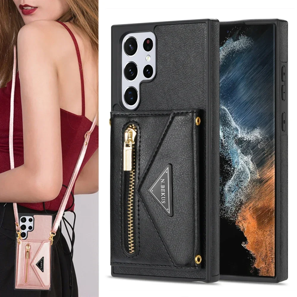 Luxury Card Slot Wallet Flip Cover For Samsung Galaxy S24 S23 S22 S21 Note 20 Ultra S20 Plus Handbag Leather Cases With Lanyard