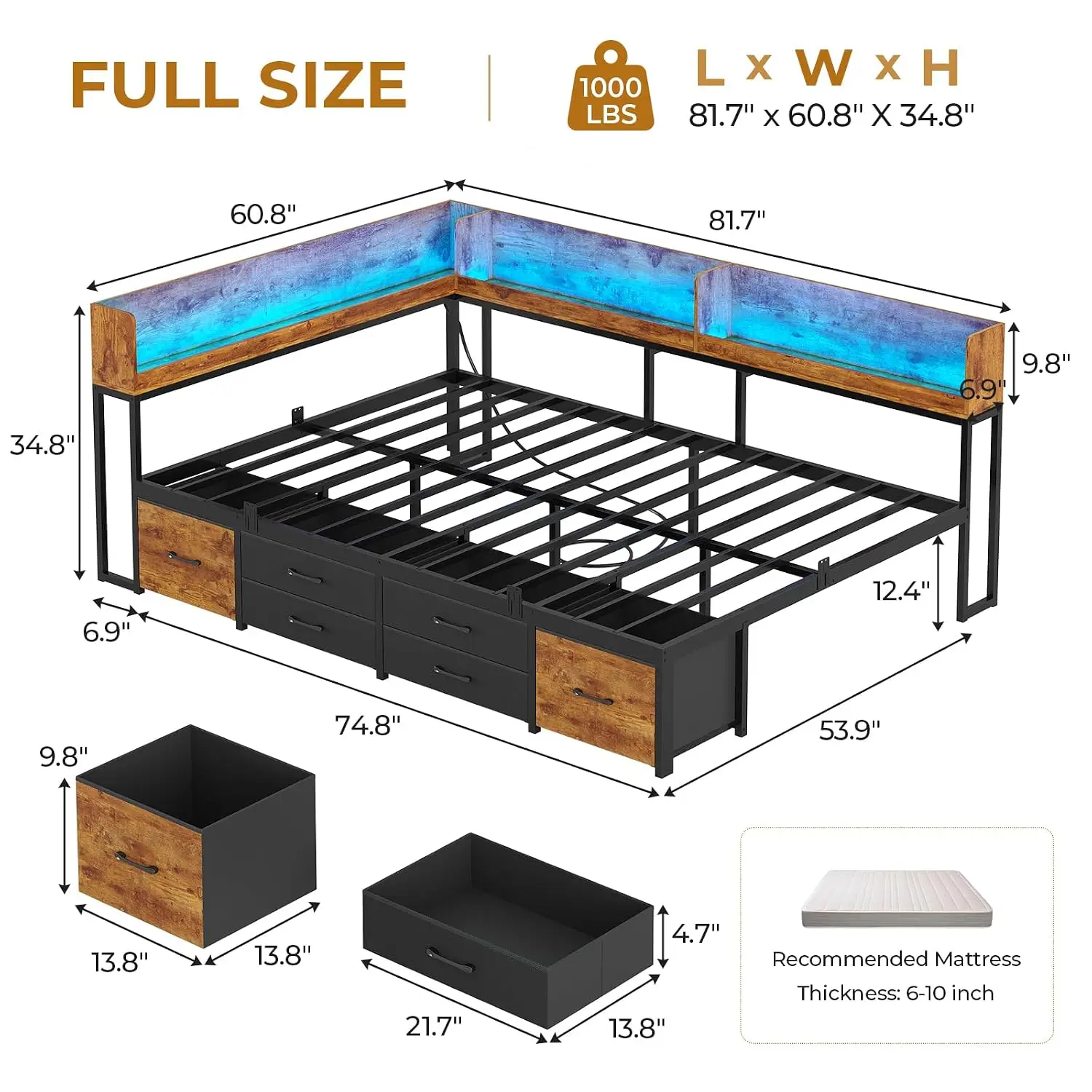 14 Inch Corner Metal Daybed with Bookcase, 6 Drawers, Charging Station & LED Light,  Black, Customized