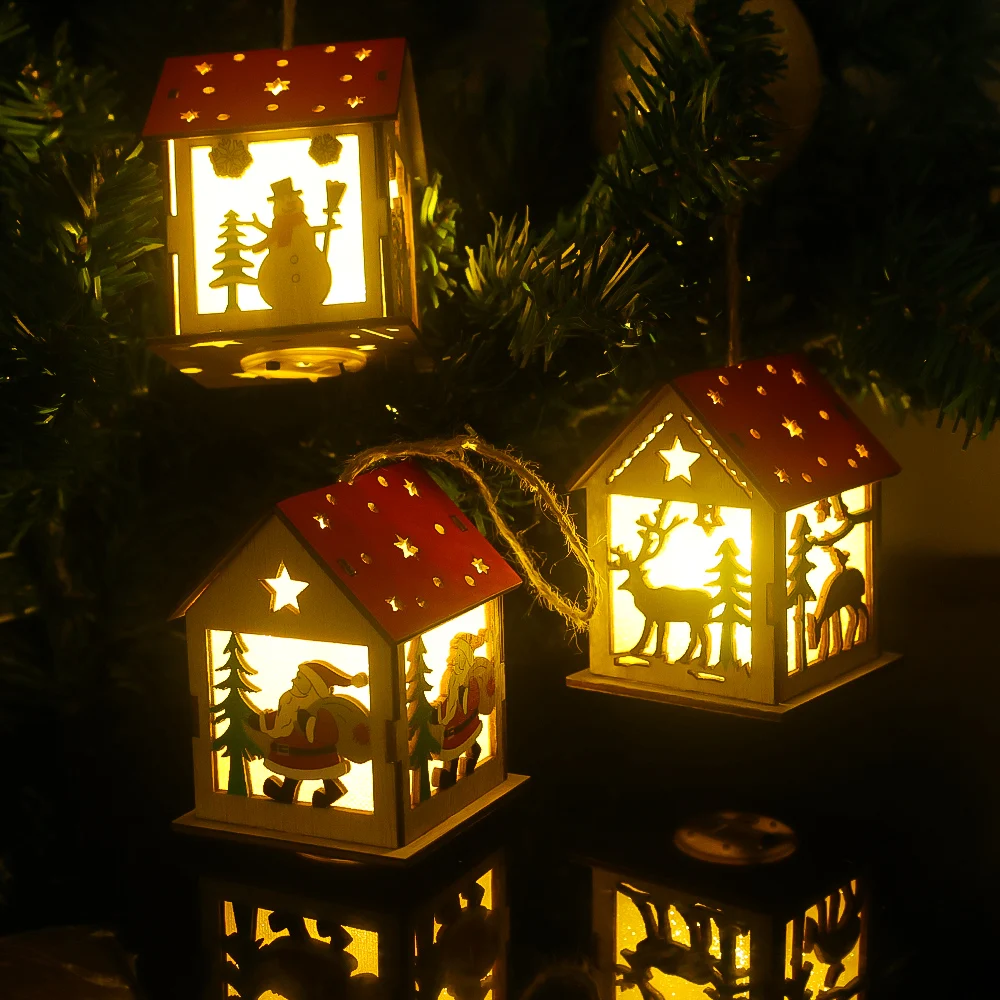 Christmas Night Light Wooden Luminou Chalet Ornaments Xmas Tree Hanging Pendant Bedroom Table Lamp Christmas Home Decor Light