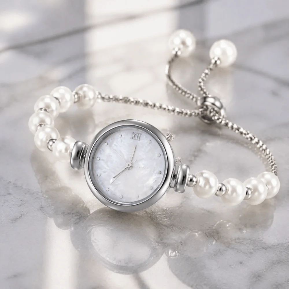 Round Dial Pearl Bracelet Watch Adjustable Drawstring Chain Elegant Women Quartz Watch Delicate Roman Numeral Small Dial Watch