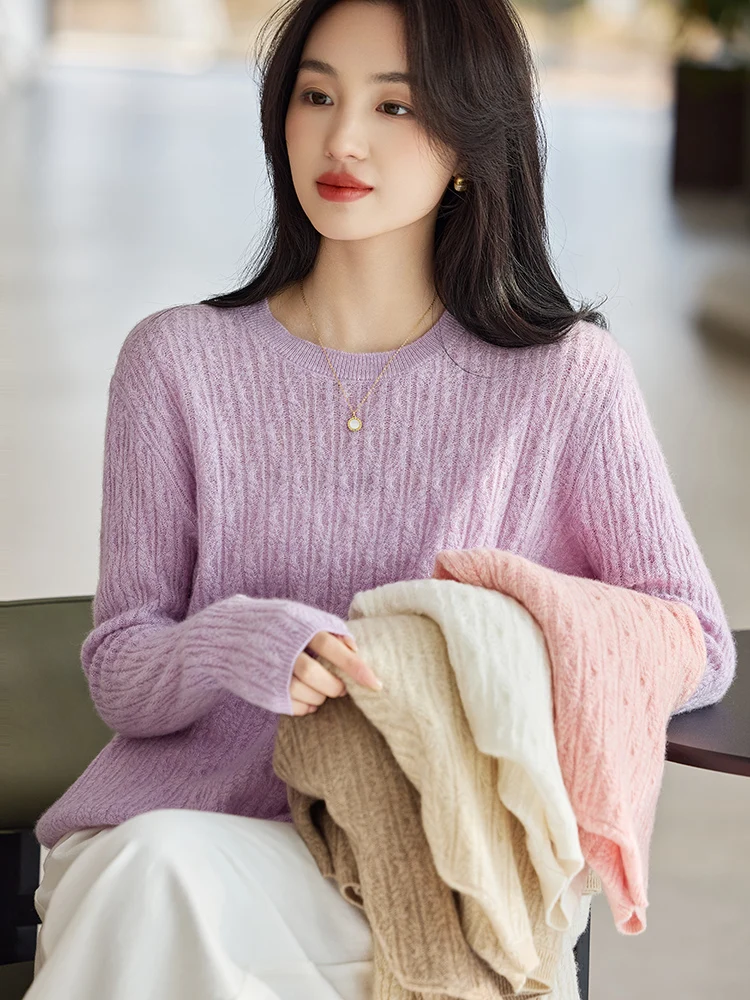 

Women's 100% Wool Round Neck Sweater Spring&Autumn Fashion Versatile Knitted Loose Long Sleeve Soft Pullover