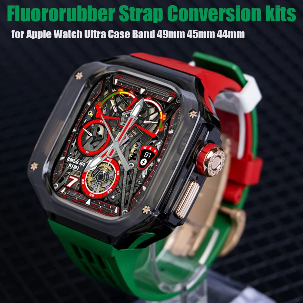 

Luxury Refit Modification Kit For Apple Watch Ultra 49mm 45mm 44mm Fluororubber Band IWatch Series 8 7 6 5 SE Glacier Case Set