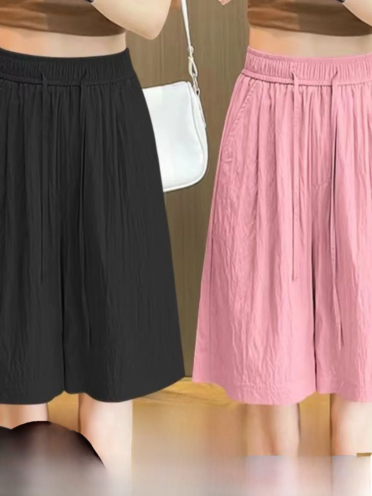 

Folded Ice Silk Short Pants Women's Summer Thin Wide Leg Casual Straight Five-Quarter Pants High Waist Korean Style Commute