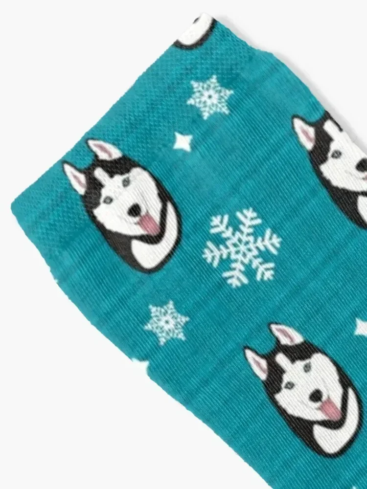 Husky on Winter Holiday Pattern(blue) Socks bright garter Novelties New year's Socks For Girls Men's