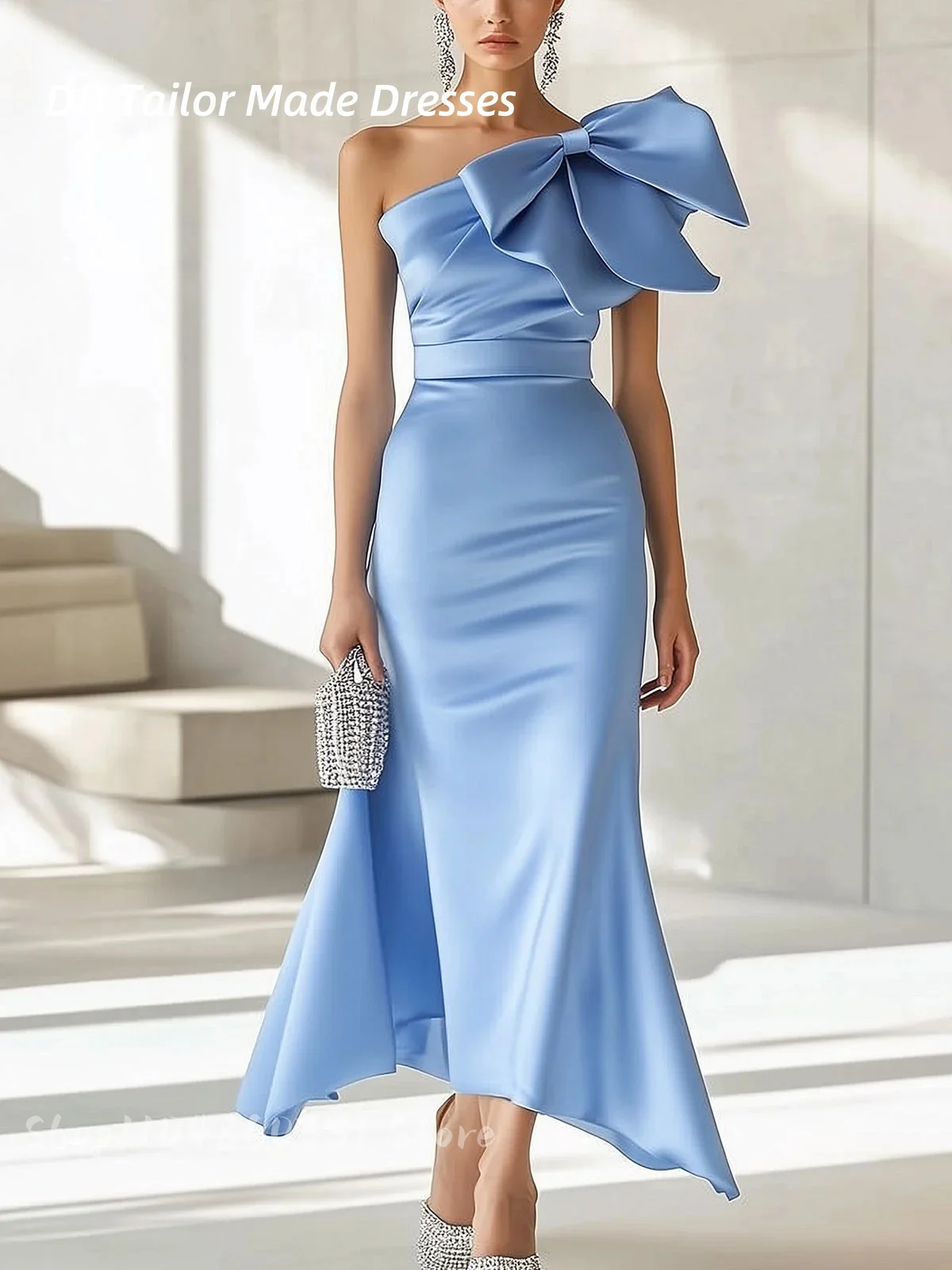 

Elegant One Shoulder Prom Dress With Bow Ankle-Length Simple Light Sky Blue Satin Birthday Occasion Party Gown Customize